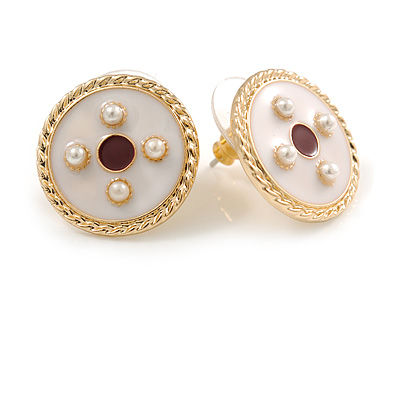 17mm Gold Tone White/ Red Enamel Faux Pearl Button Stud Earrings - main view