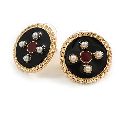 17mm Gold Tone Black/ Red Enamel Faux Pearl Button Stud Earrings - main view