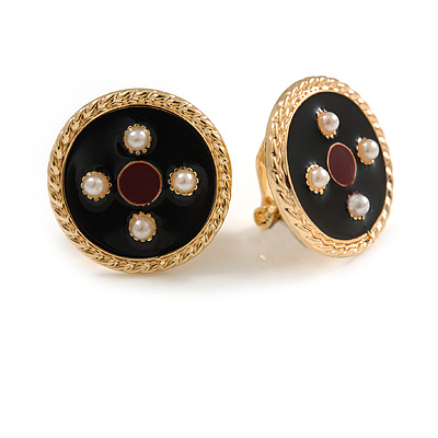 17mm Gold Tone Black/ Red Enamel Faux Pearl Button Clip On Earrings - main view