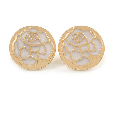 20mm Gold Tone Round with White Enamel Rose Motif Clip On Earrings