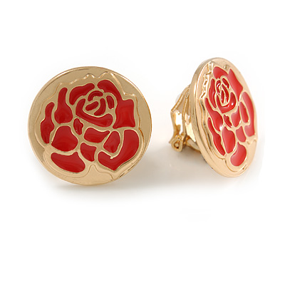 20mm Gold Tone Round with Red Enamel Rose Motif Clip On Earrings - main view