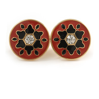 18mm Red/ Black Enamel Flower Round Clip On Earrings In Gold Tone - main view