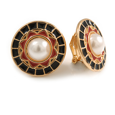 18mm Black/ Red Enamel Faux Pearl Button Clip On Earrings In Gold Tone - main view
