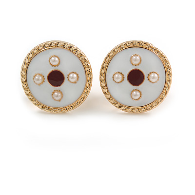 17mm Gold Tone White/ Red Enamel Faux Pearl Button Clip On Earrings - main view