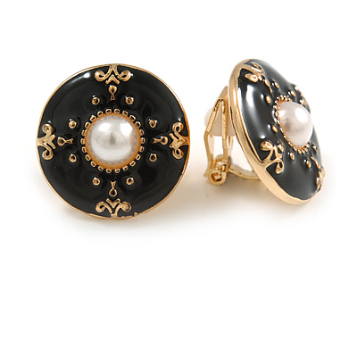 18mm Black Enamel Faux Pearl Button Clip on Earrings In Gold Tone - main view