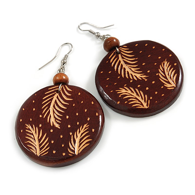 Brown Wooden Round Disk Drop Earrings with Feather Pattern - 70mm Long