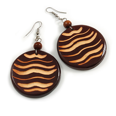 Brown Wooden Round Disk Drop Earrings with Wavy Pattern - 70mm Long