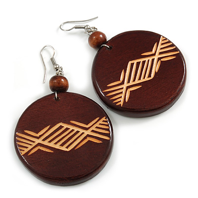 Brown Wooden Round Disk Drop Earrings with Geometric Pattern - 70mm Long - main view