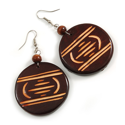 Dark Brown Wooden Round Disk Drop Earrings with Geometric Pattern - 70mm Long - main view