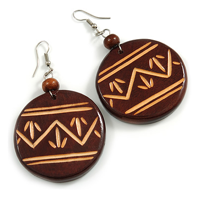 Dark Brown Wooden Round Disk Drop Earrings with Arrow Pattern - 70mm Long - main view