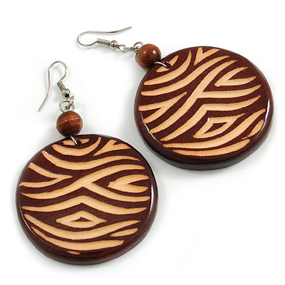 Dark Brown Wooden Round Disk Drop Earrings with Curvy Lines Pattern - 70mm Long - main view