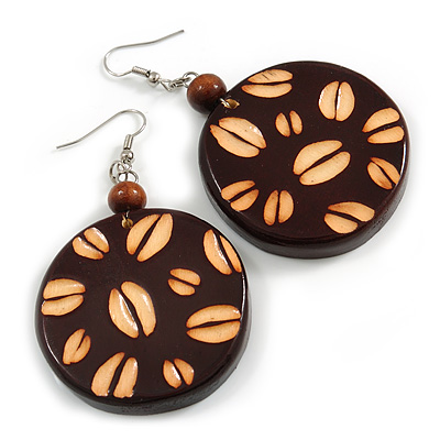 Brown Wooden Round Disk Drop Earrings with Coffee Beans Motif - 70mm Long