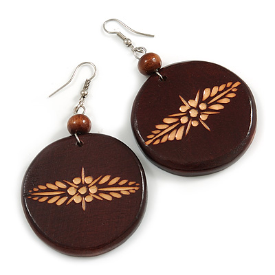 Brown Wooden Round Disk Drop Earrings with Floral Motif - 70mm Long - main view