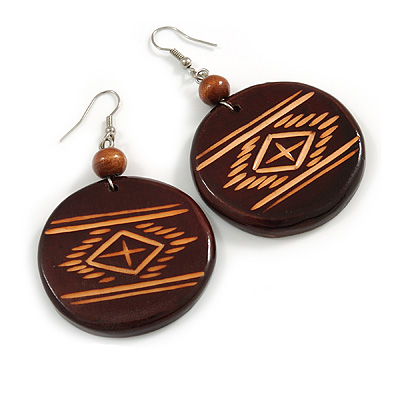 Brown Wooden Round Disk Drop Earrings with Tribal Motif - 70mm Long