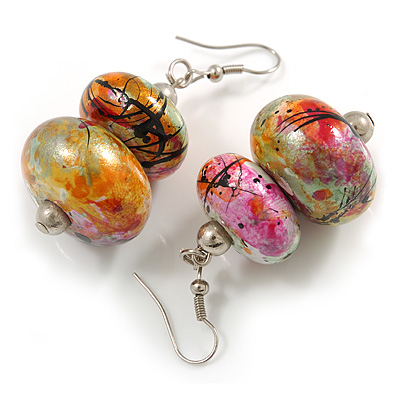 Colour Fusion Wooden Double Bead Drop Earrings (Multicoloured) - 55mm L - main view