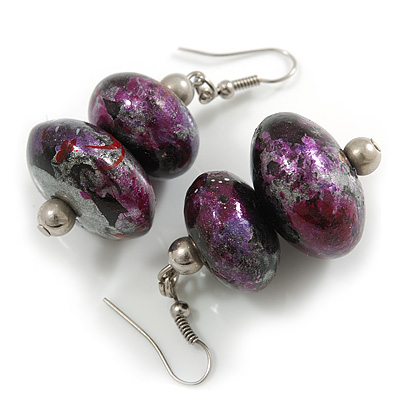 Purple/Black/Silver/Red Colour Fusion Wooden Double Bead Drop Earrings - 55mm L - main view