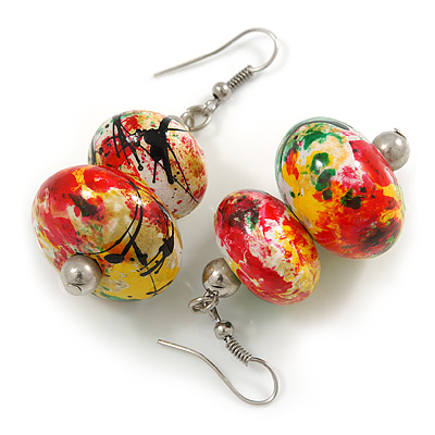 Colour Fusion Wooden Double Bead Drop Earrings (Multicoloured) - 55mm L - main view