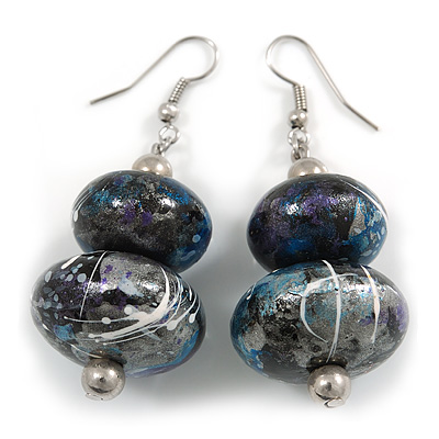 Black/Blue/Silver/White/Purple Colour Fusion Wooden Double Bead Drop Earrings - 55mm L - main view