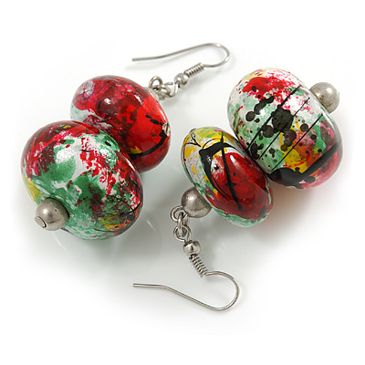 Colour Fusion Wooden Double Bead Drop Earrings (Multicoloured) - 55mm - main view