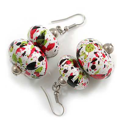 White/Red/ Black/ Green Colour Fusion Wooden Double Bead Drop Earrings - 55mm L - main view