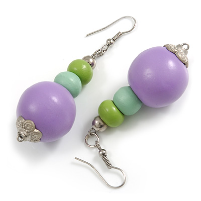 Graduated Lilac/Mint/Lime Green Painted Wood Bead Drop Earings - 65mm Long - main view