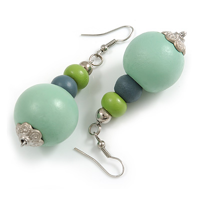 Graduated Grey/Mint/Lime Green Painted Wood Bead Drop Earings - 65mm Long - main view