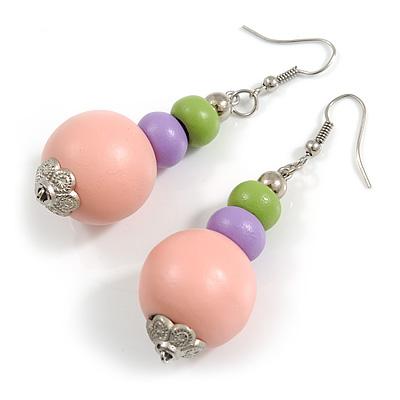 Graduated Pink/Lime Green/Lilac Painted Wood Bead Drop Earings - 65mm Long - main view