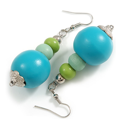Graduated Turquoise/Mint/Lime Green Painted Wood Bead Drop Earings - 65mm Long - main view