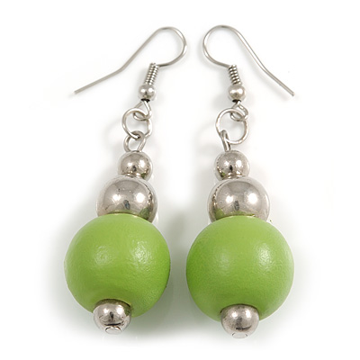 Lime Green Painted Wood and Silver Acrylic Bead Drop Earrings - 55mm L - main view