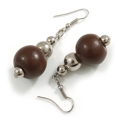 Brown Painted Wood and Silver Acrylic Bead Drop Earrings - 55mm L