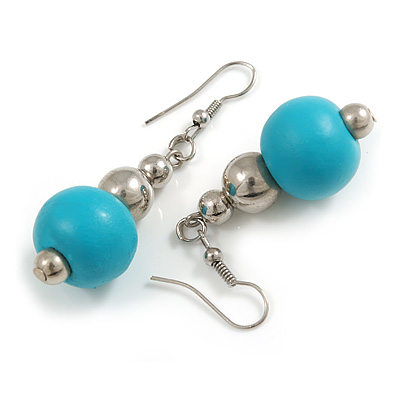 Turquoise Painted Wood and Silver Acrylic Bead Drop Earrings - 55mm L - main view