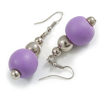 Lilac Purple Painted Wood and Silver Acrylic Bead Drop Earrings - 55mm L - main view