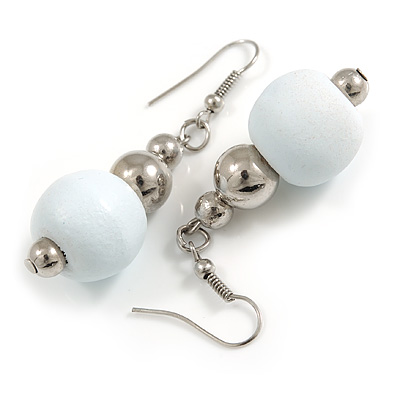 White Painted Wood and Silver Acrylic Bead Drop Earrings - 55mm L - main view