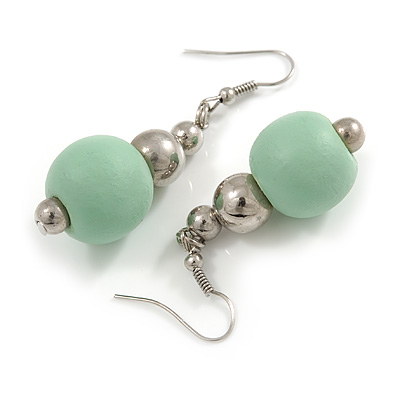 Mint Painted Wood and Silver Acrylic Bead Drop Earrings - 55mm L - main view