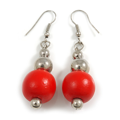 Red Painted Wood and Silver Acrylic Bead Drop Earrings - 55mm L - main view