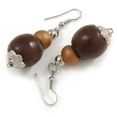 Brown/ Bronze Painted Double Bead Wood Drop Earrings - 55mm Long