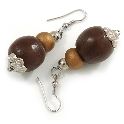 Brown/ Bronze Painted Double Bead Wood Drop Earrings - 55mm Long - main view