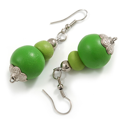 Green Painted Double Bead Wood Drop Earrings - 55mm Long - main view
