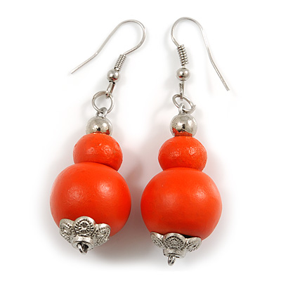 Orange Painted Double Bead Wood Drop Earrings - 55mm Long