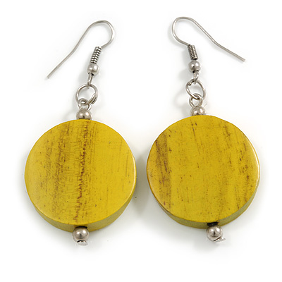 Antique Yellow Painted Wood Coin Drop Earrings - 55mm L - main view