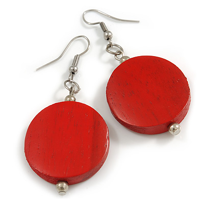 Red Painted Wood Coin Drop Earrings - 55mm L - main view