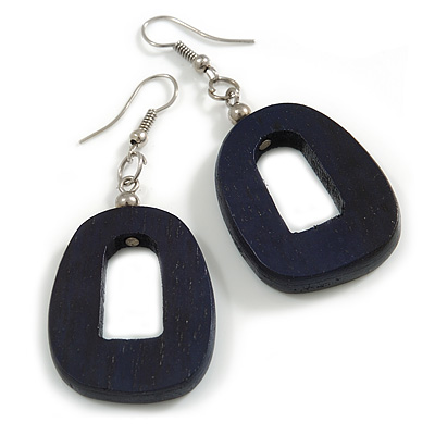 Dark Blue Painted Wood O-Shape Drop Earrings - 55mm L - main view