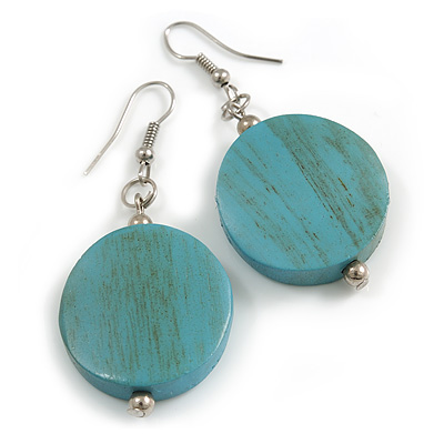 Turquoise Washed Wood Coin Drop Earrings - 55mm