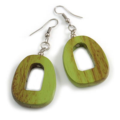 Antique Lime Green Painted Wood O-Shape Drop Earrings - 55mm L - main view