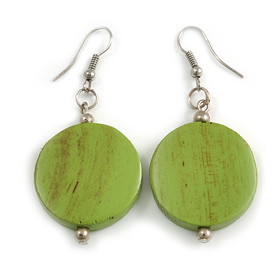 Lime Green Painted Wood Coin Drop Earrings - 55mm L - main view