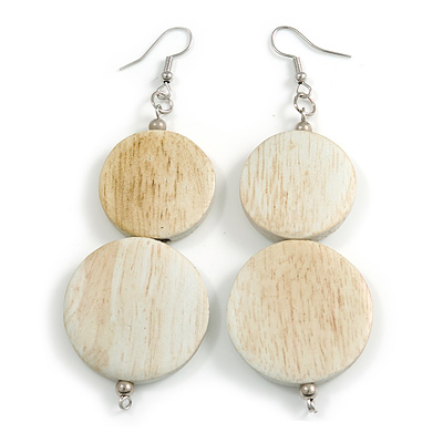 Long White Washed Double Round Wood Bead Drop Earrings - 8cm L - main view