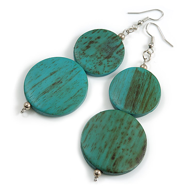 Long Antique Teal Painted Double Round Wood Bead Drop Earrings - 8cm L