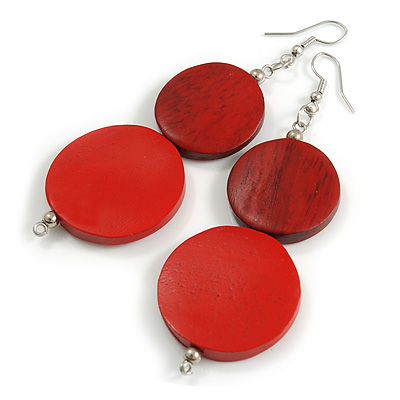 Long Red Painted Double Round Wood Bead Drop Earrings - 8cm L