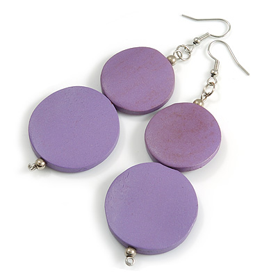 Long Lilac Purple Painted Double Round Wood Bead Drop Earrings - 8cm L - main view