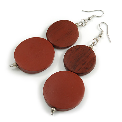 Long Brown Painted Double Round Wood Bead Drop Earrings - 8cm L - main view